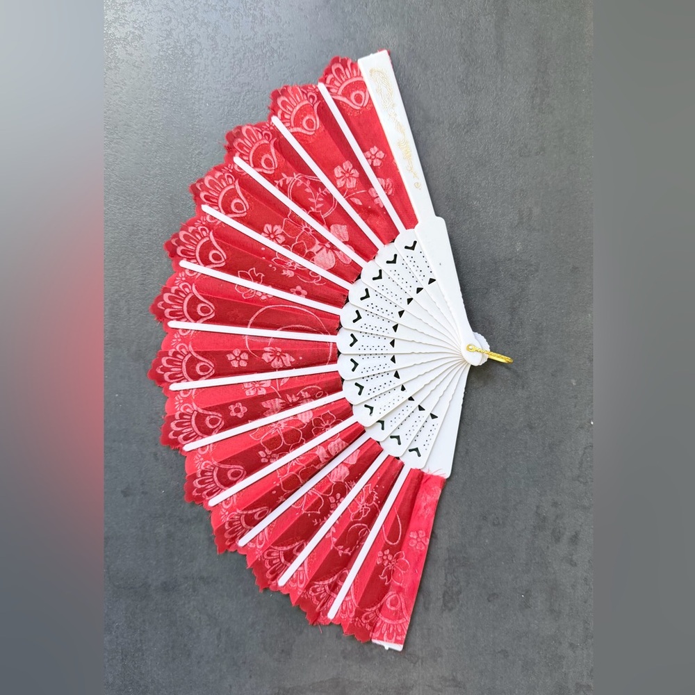 Red and White Floral Hand Fan
